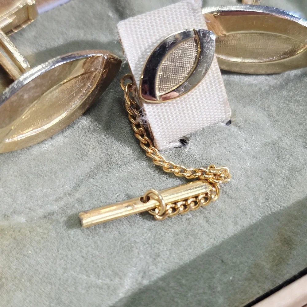 Cufflinks Tie Pin Set Retro Gold Brushed Raised Textured Vintage Men Formal Wear